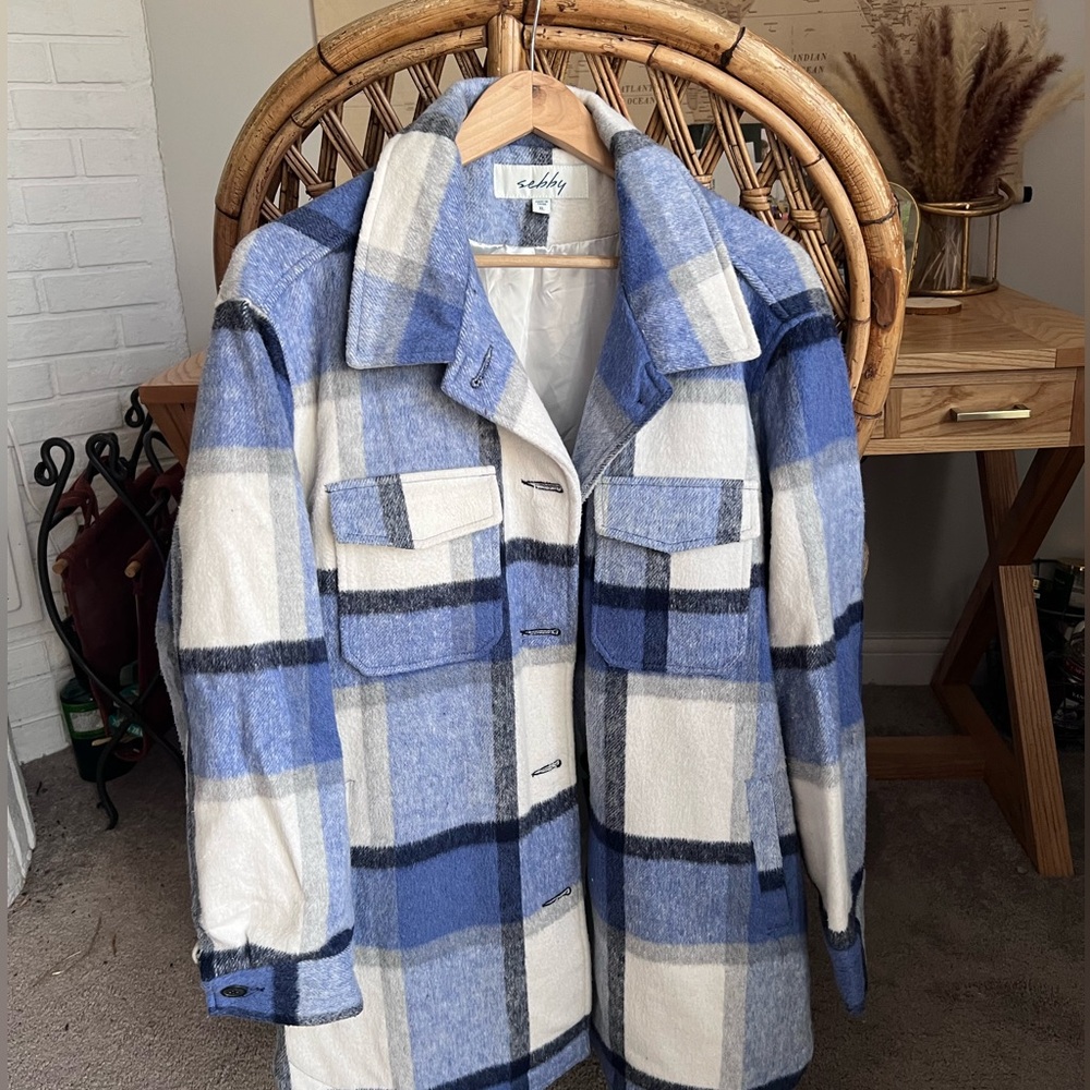 Sebby Blue and White Plaid Wool-Blend Coat
